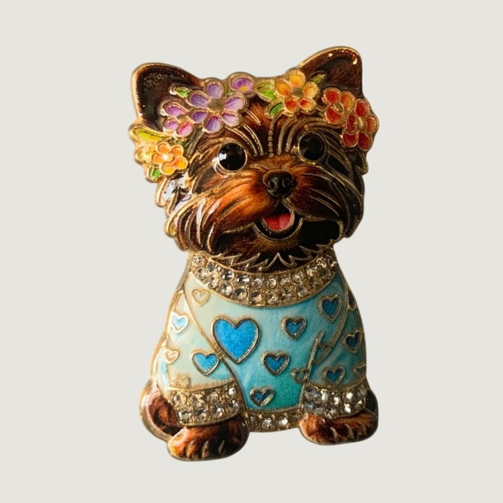 Vintage Yorkie Dog Brooch Enamel Rhinestone Floral Crown Heart Pin